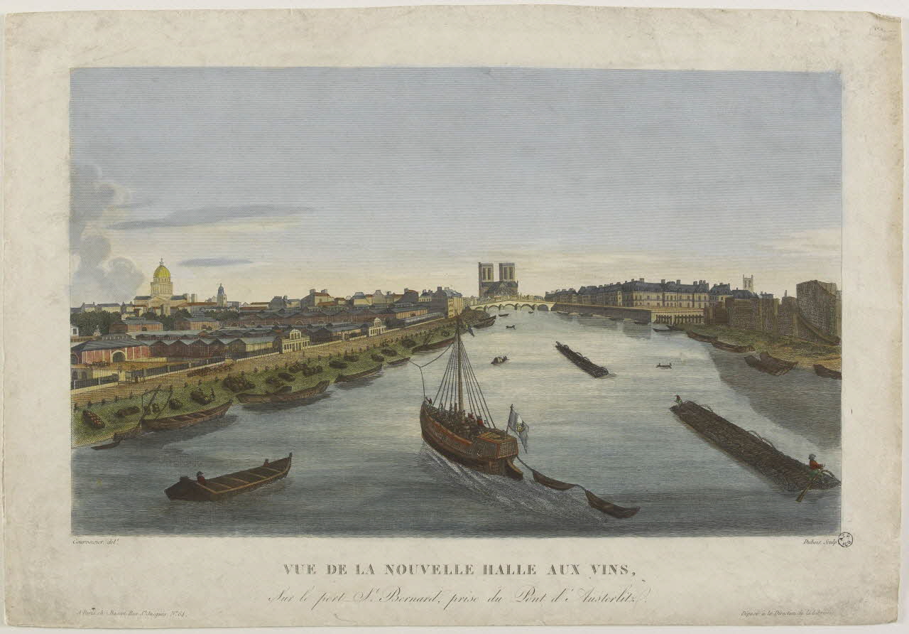 Courvoisier ; Dubois ; Basset. Paris imagerie ancienne VUE DE LA NOUVELLE HALLE AUX VINS,  Sur le port St. Bernard, prise du Pont d'Austerlitz. Paris 1815 1965.80.14 Photo RMN-Grand Palais (Mucem)