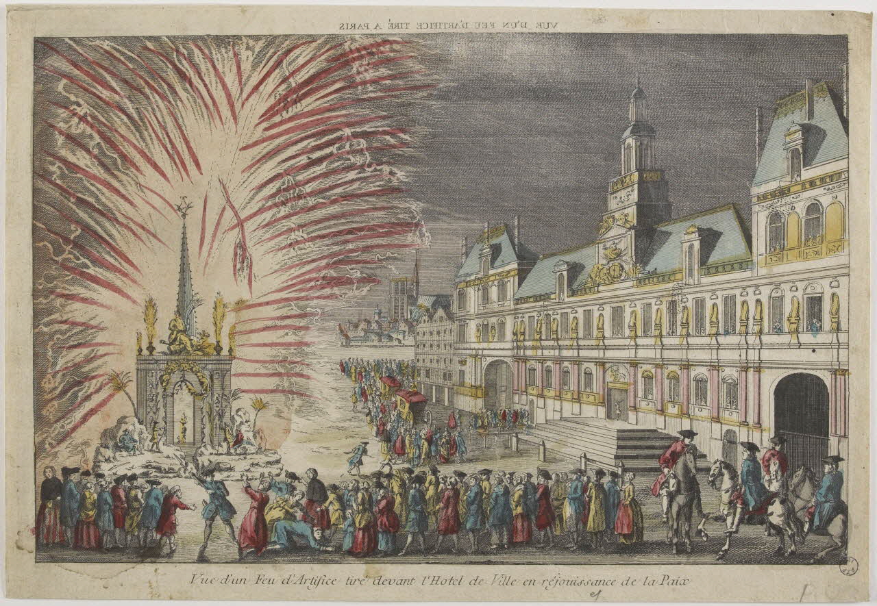 imagerie ancienne VUE D'UN FEU D'ARTIFICE TIRE A PARIS (titre inscrit, en caractères inversés)  Vue d'un Feu d'Artifice tiré devant l'Hotel de Ville en réjouissance de la Paix Paris 1763 1976.41.14 Photo RMN-Grand Palais (Mucem)