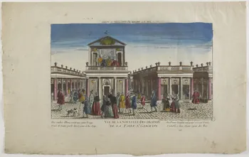 Jacques-François Chéreau imagerie ancienne VUE DE LA FOIRE ST GERMAIN A PARIS (titre inscrit, en caractères inversés)  VUE DE LA NOUVELLE DECORATION  DE LA FOIRE ST. GERMAIN Paris 1789 1971.29.14 Photo RMN-Grand Palais (Mucem)
