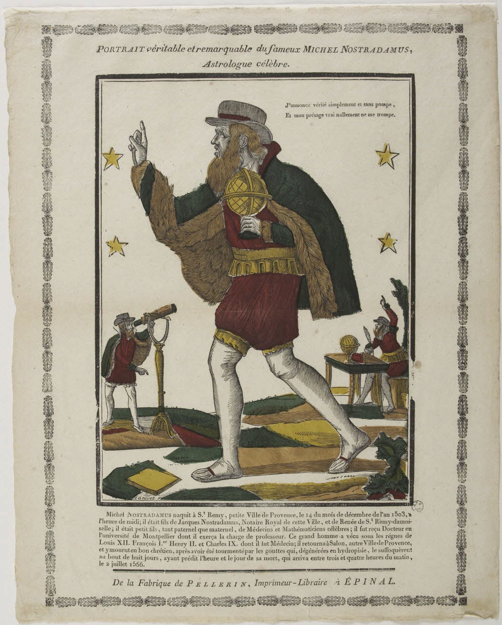 François-Marc Canivet ; Jean-Charles Pellerin imagerie ancienne PORTRAIT véritable et remarquable du fameux MICHEL NOSTRADAMUS,  Astrologue célèbre. Lorraine, France 1814 1965.75.305 Photo RMN-Grand Palais (Mucem)/ Jean-Gilles Berizi