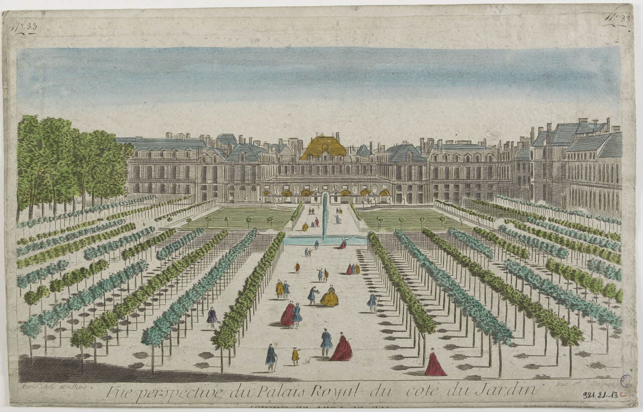 Mondhare Louis-Joseph imagerie ancienne Vue perspective du Palais Royal du coté du Jardin Paris 1759-1780 1981.21.13 Photo RMN-Grand Palais (Mucem)