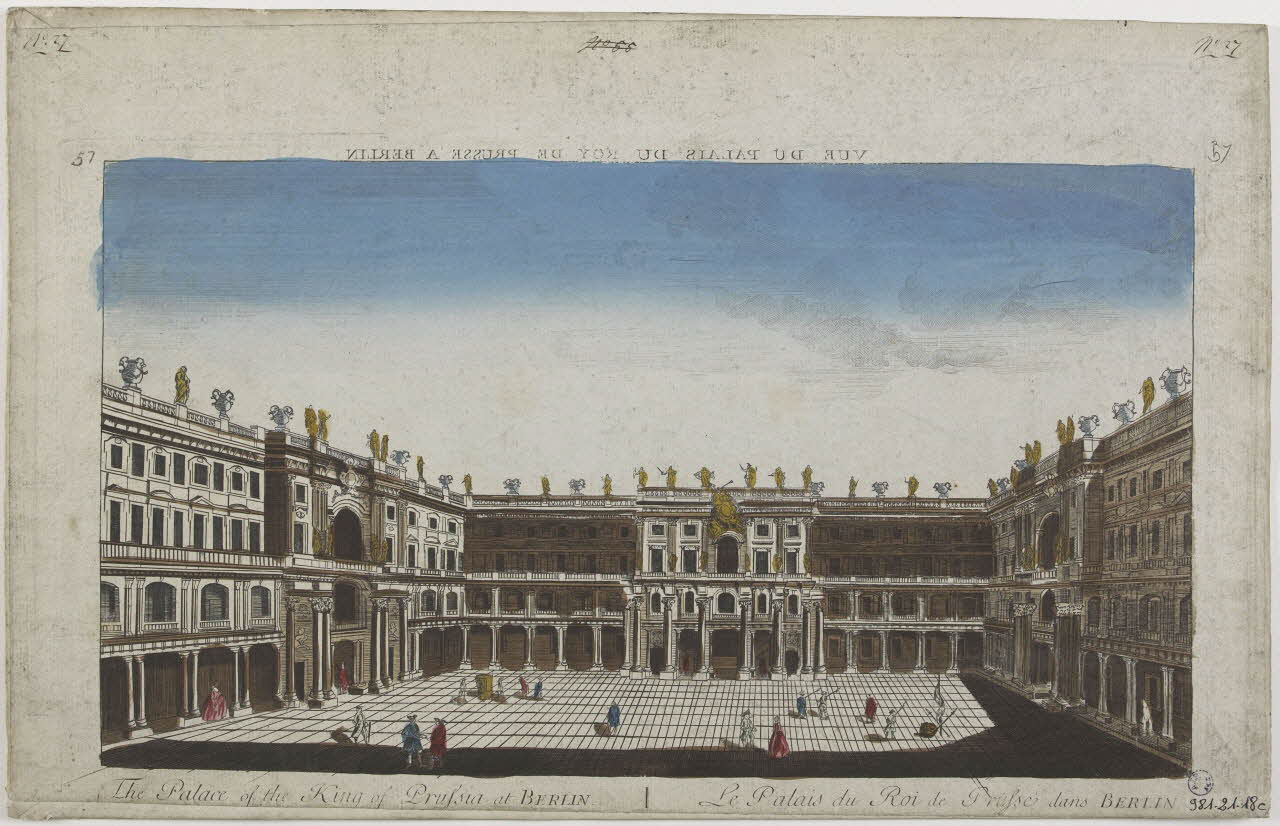 imagerie ancienne VUE DU PALAIS DU ROI DE PRUSSE A BERLIN (titre inscrit, en caractères inversés)  The Palace of the King of Prussia at BERLIN. Le Palais du Roi de Prusse dans BERLIN Paris 1730 1981.21.18 Photo RMN-Grand Palais (Mucem)