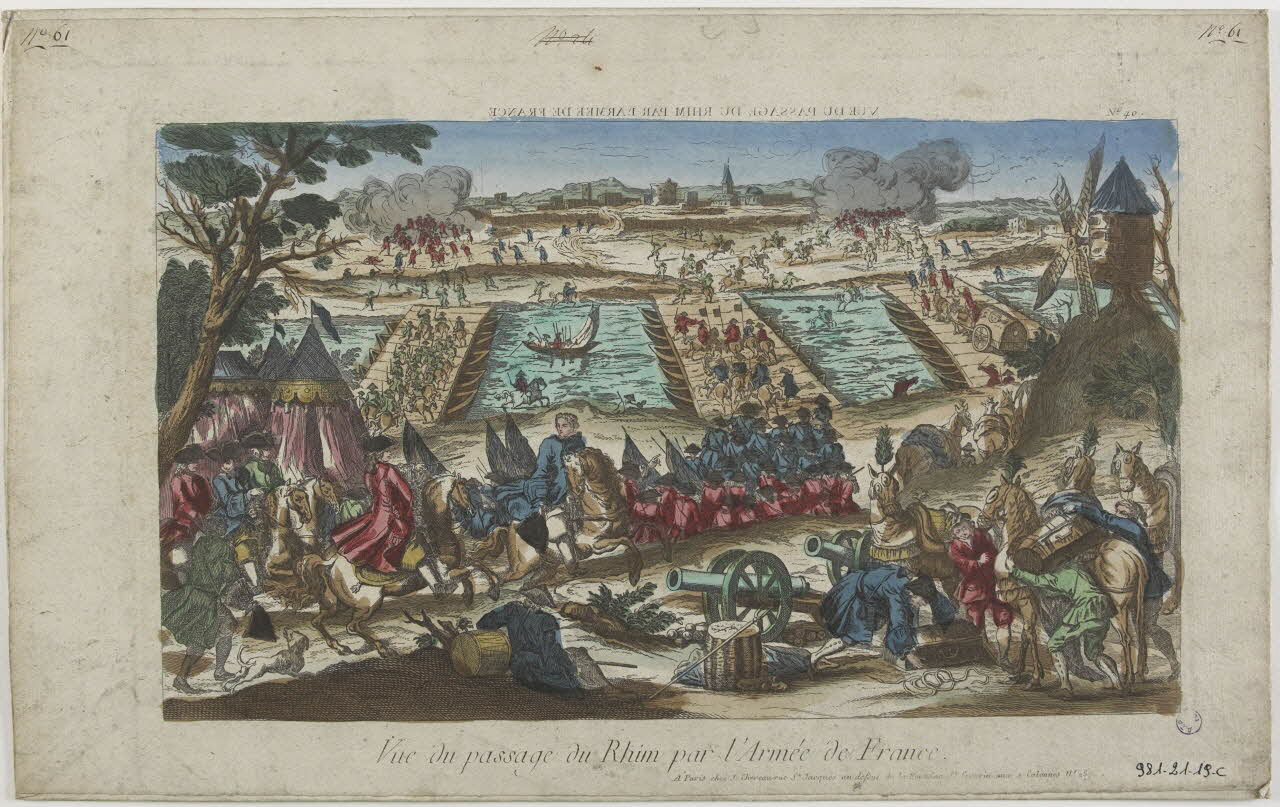 Jacques-François Chéreau imagerie ancienne VUE DU PASSAGE DU RHIN PAR L'ARMEE DE FRANCE (titre inscrit, en caractères inversés)  Vue du passage du Rhin par l'Armée de France. Paris 1756-1763 1981.21.19 Photo RMN-Grand Palais (Mucem)