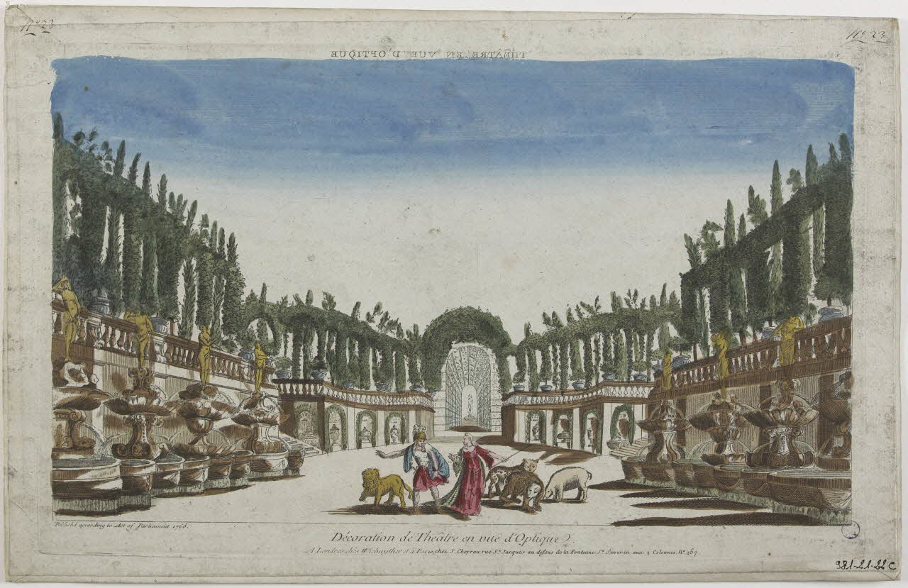 Jacques-François Chéreau ; Wichnyther (éditeur, mar imagerie ancienne THEATRE EN VUE D'OPTIQUE (titre inscrit, en caractères inversés)  Décoration de Théâtre en vuë d'Optique. Paris 1766 1981.21.22 Photo RMN-Grand Palais (Mucem)