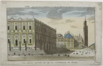 Hocquart imagerie ancienne VUE DE LA BOURSE ET DE LA CATHEDRALE DE SEVILLE. (titre inscrit, en caractères inversés)  VUE DE LA BOURSE ET DE LA CATHEDRALE DE SEVILE. Paris 1833-1836 1981.21.31 Photo RMN-Grand Palais (Mucem)