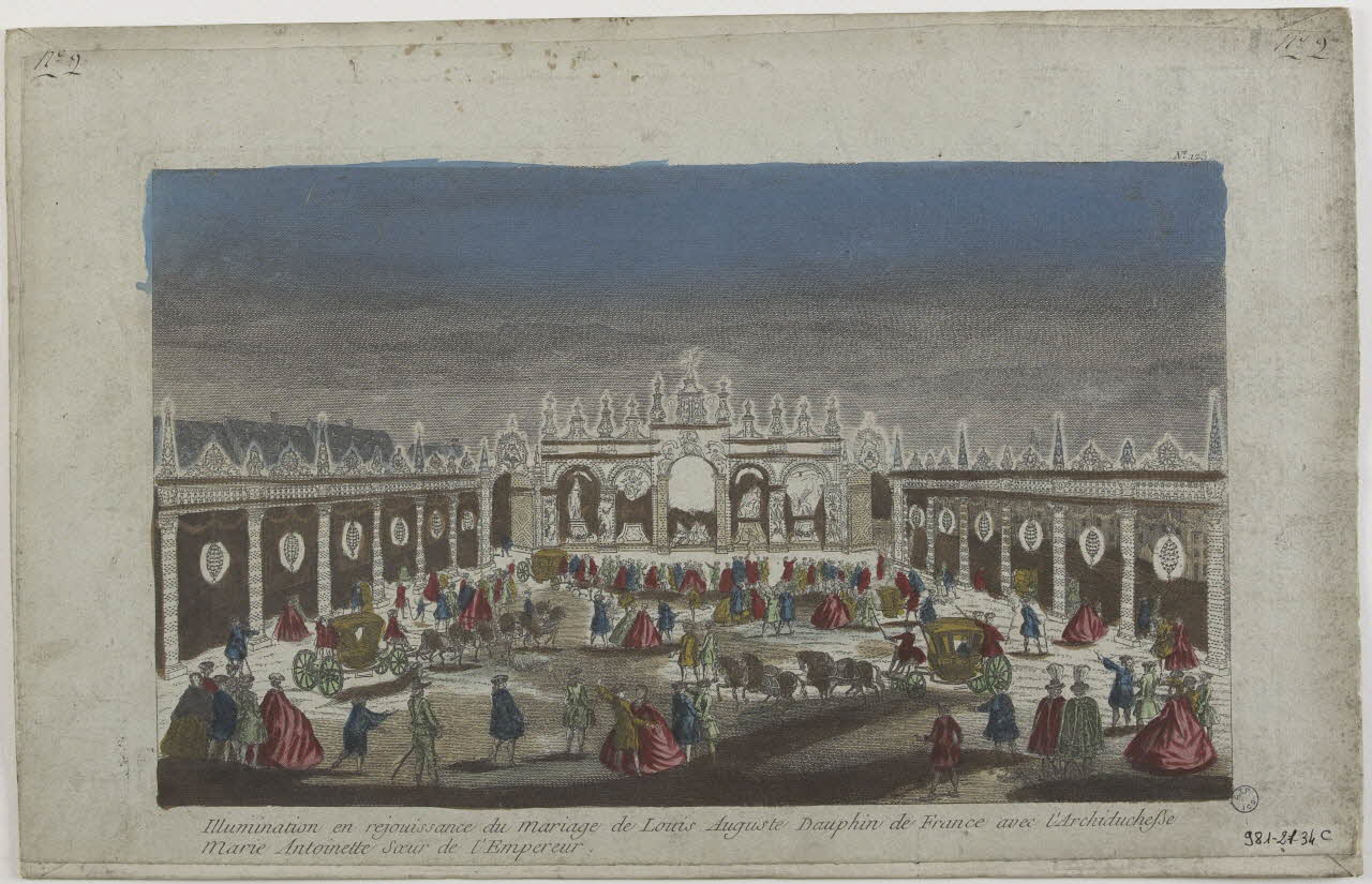 Jacques-François Chéreau imagerie ancienne Illumination en rejouissance du mariage de Louis Auguste Dauphin de France avec l'Archiduchesse  Marie Antoinette soeur de l'Empereur. Paris 1770 1981.21.34 Photo RMN-Grand Palais (Mucem)