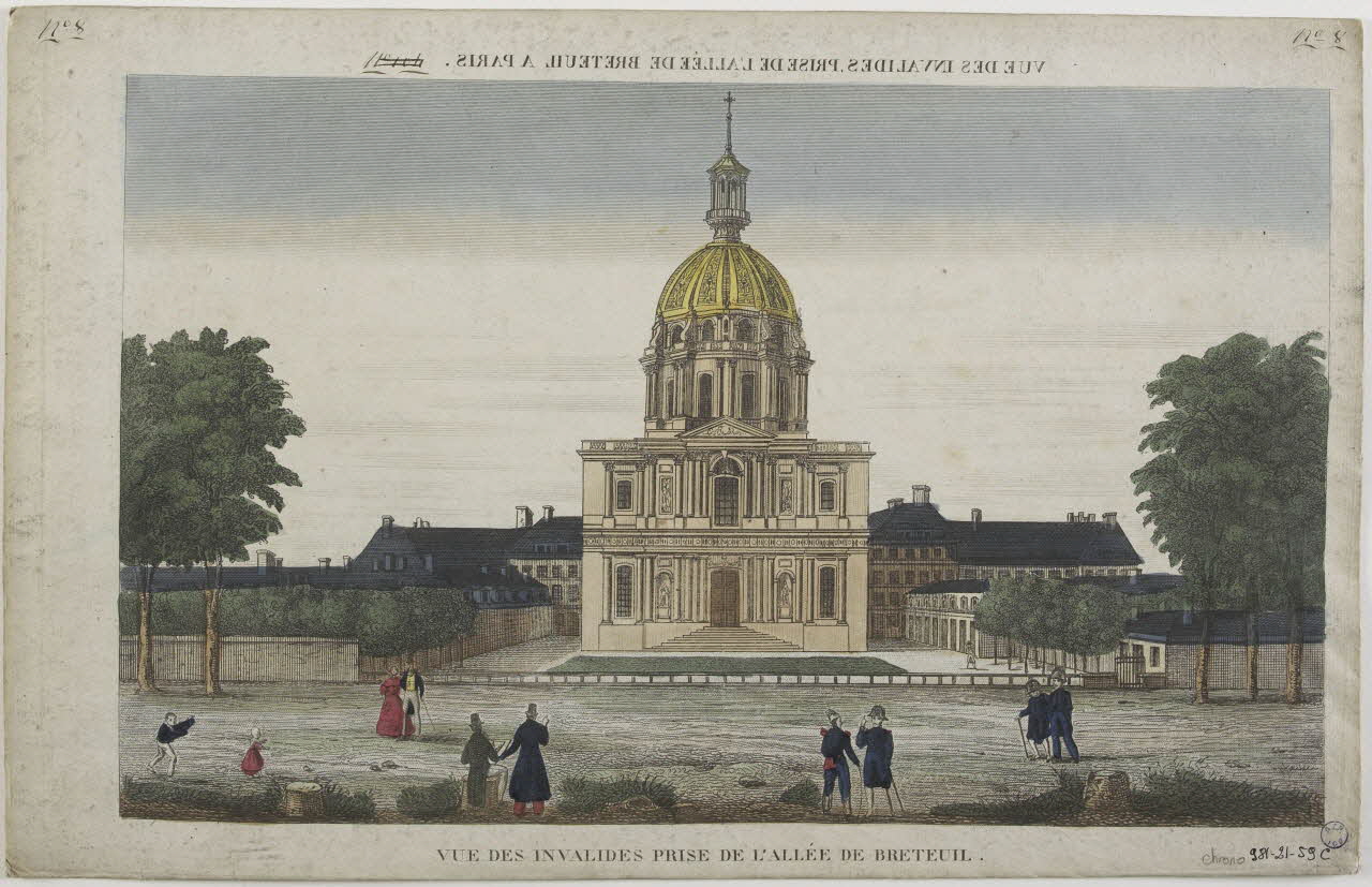 imagerie ancienne VUE DES INVALIDES, PRISE DE L'ALLEE DE BRETEUIL A PARIS. (titre inscrit, en caractères inversés)  VUE DES INVALIDES PRISE DE L'ALLEE DE BRETEUIL. Paris 1830-1840 1981.21.59 Photo RMN-Grand Palais (Mucem)
