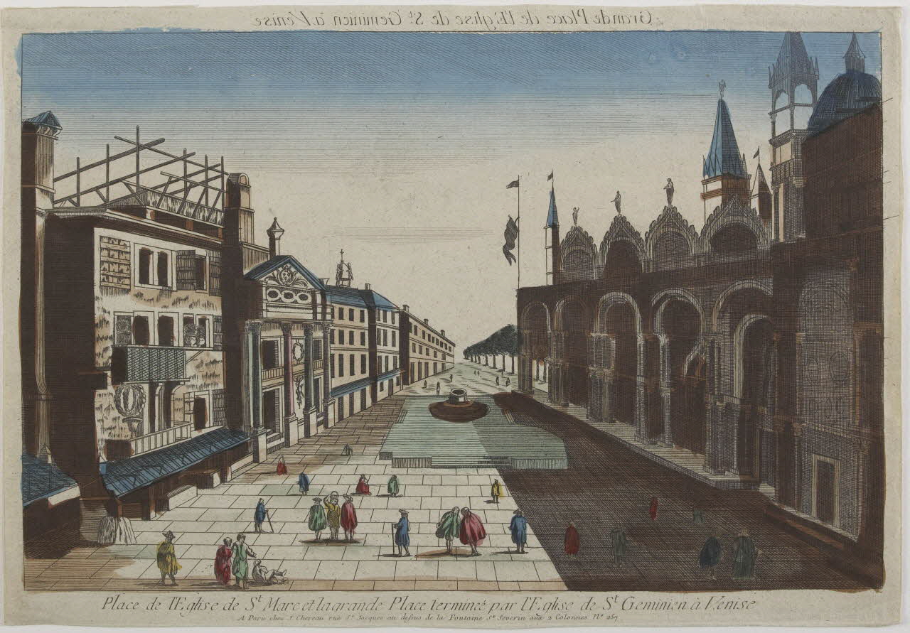 Jacques-François Chéreau imagerie ancienne Grande Place de l'Eglise de St. Geminien a Venise (titre inscrit, en caractères inversés)  Place de l'Eglise de St. Marc et la grande Place terminée par l'Eglise de St. Geminien à Venise Paris 1789 1982.3.163 Photo RMN-Grand Palais (Mucem)