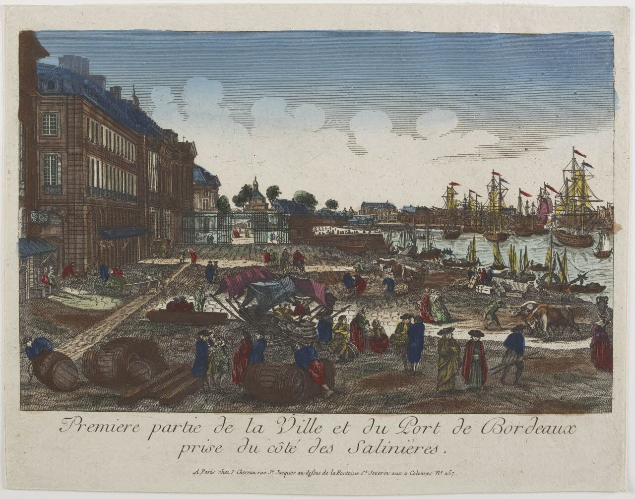 Joseph Vernet ; Jacques-François Chéreau imagerie ancienne Premiere partie de la Ville et du Port de Bordeaux  prise du côté des Salinières. Paris 1789 1982.3.162 Photo RMN-Grand Palais (Mucem)