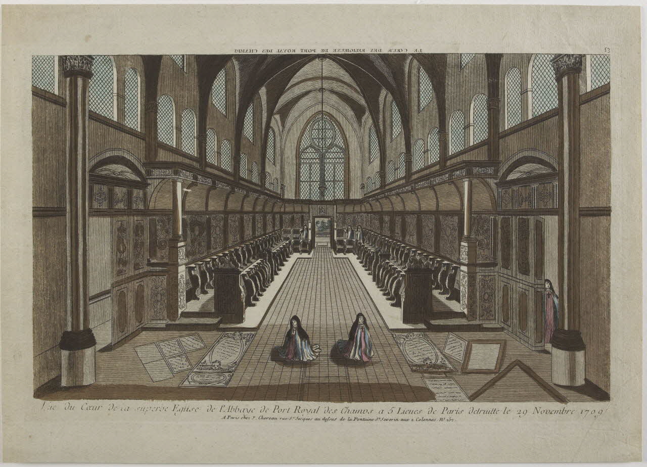 Jacques-François Chéreau imagerie ancienne Vue du Coeur de la superbe Eglise de l'Abbaye de Port Royal des Champs a 5 Lieues de Paris, detruitte le 29 Novembre 1709 Paris 1789 1982.3.165 Photo RMN-Grand Palais (Mucem)