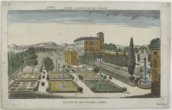 Hocquart imagerie ancienne MAISON DU BELVEDERE A ROME. (titre inscrit,  en caractères inversés)  MAISON DU BELVEDERE A ROME. Paris 1833-1836 1981.21.40 Photo RMN-Grand Palais (Mucem)