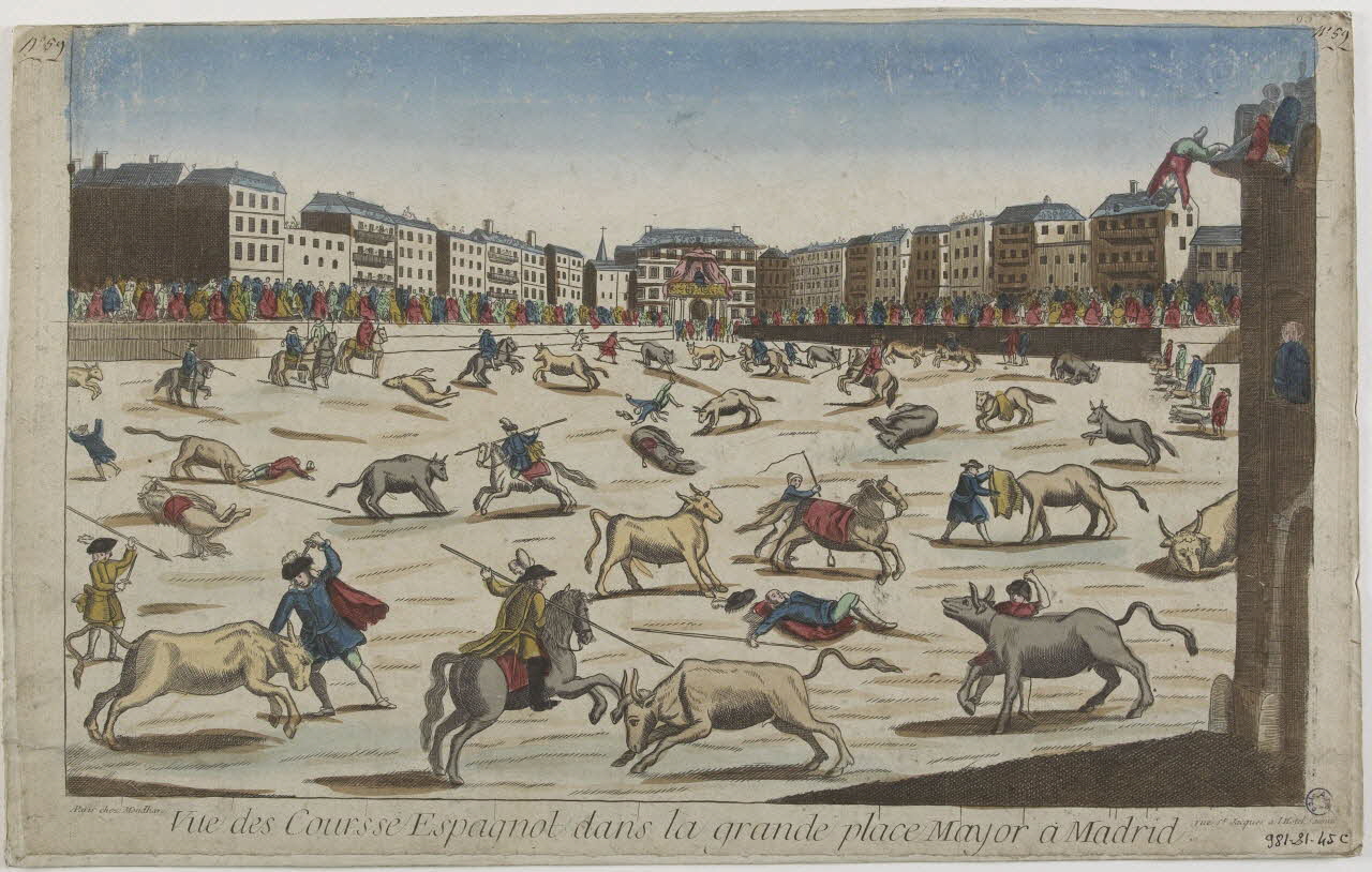 Mondhare Louis-Joseph imagerie ancienne Vue des Coursse Espagnol dans la grande place Mayor a Madrid. (sic) Paris 1759-1780 1981.21.45 Photo RMN-Grand Palais (Mucem)