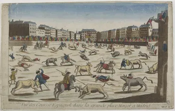 Mondhare Louis-Joseph imagerie ancienne Vue des Coursse Espagnol dans la grande place Mayor a Madrid. (sic) Paris 1759-1780 1981.21.45  Photo RMN-Grand Palais (Mucem)
