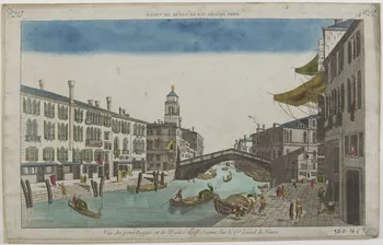 imagerie ancienne PONT REGGIO SUR LE CANAL DE VENISE (titre inscrit, en caractères inversés)  Vue du pont Reggio et de l'Eglise de St. Jeremie Sur le Gd. Canal de Venise. Paris 1730 1981.21.54 Photo RMN-Grand Palais (Mucem)