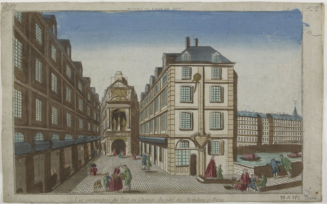 imagerie ancienne VUE DU PONT AU CHANGE (titre inscrit, en caractères inversés)  Vue perspective du Pont au Change du côté du Meridien a Paris Paris 1768-1775 1981.21.57 Photo RMN-Grand Palais (Mucem)