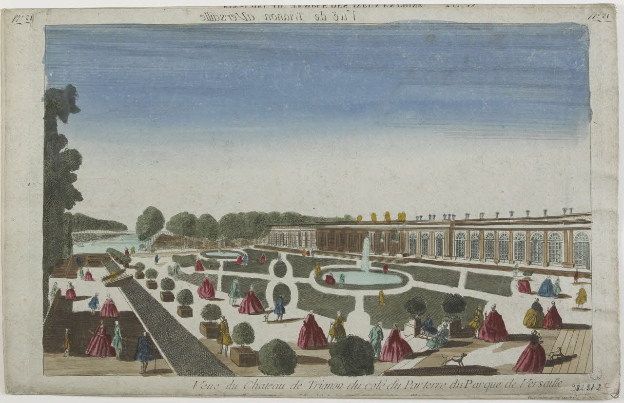 imagerie ancienne Vuë de Trianon aVersaille (titre inscrit, en caractères inversés)  Veue du Chateau de Trianon du coté du Parterre du Parque de Versaille Paris 1762 1981.21.2 Photo RMN-Grand Palais (Mucem)
