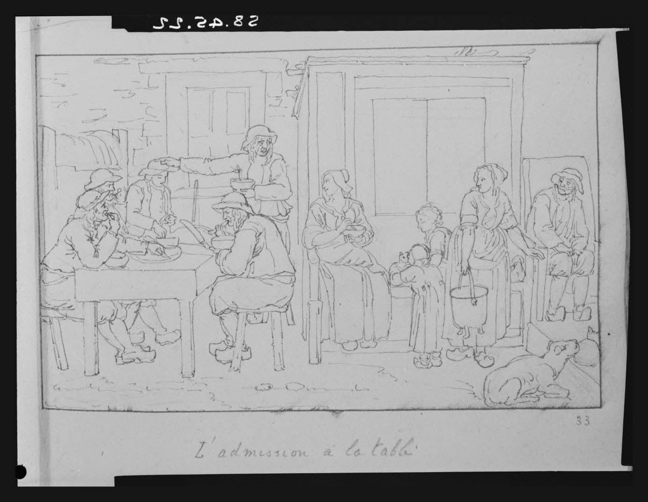 Pierre Soulier photographie Album de dessins originaux d'Olivier Perrin. Ils proviennent du Finistère et sont datés de la fin du 18è siècle. La planche 33 est réalisée à la plume et est intitulée "L'admission à la table" Ile-de-France, France 1958/5/1 Ph.1958.45.22 Photo Mucem