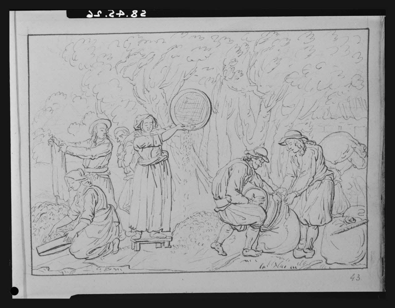 Pierre Soulier photographie Album de dessins originaux d'Olivier Perrin. Ils proviennent du Finistère et sont datés de la fin du 18è siècle. La planche 43 est réalisée à la plume et est intitulée "Le vannage" Bretagne, France 1958/5/1 Ph.1958.45.26 Photo Mucem