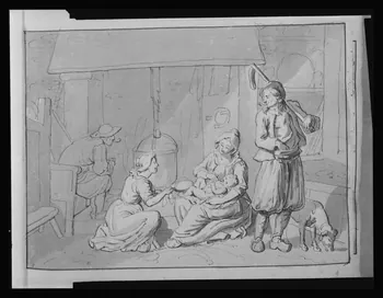 Pierre Soulier photographie Album de dessins originaux d'Olivier Perrin. Ils proviennent du Finistère et sont datés de la fin du 18è siècle. La planche 9 est réalisée au lavis et est intitulée "La bouillie" Ile-de-France, France 1958/5/1 Ph.1958.45.7 Photo Mucem