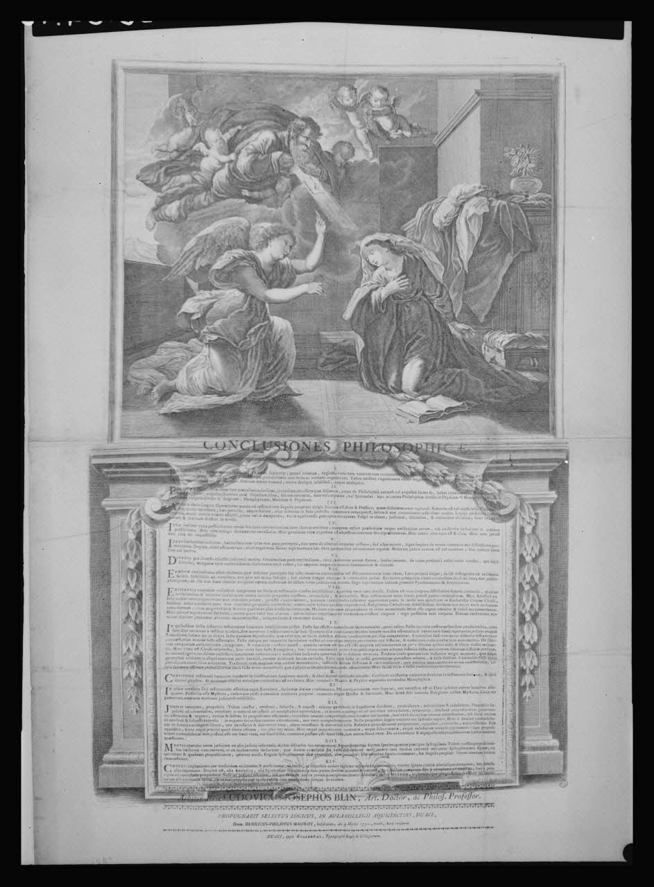 Pierre Soulier photographie Diplôme de thèse représentant l'annonciation. Cuivre noir et blanc à Douai le 09/03/1790 Ile-de-France, France 1958/7/1 Ph.1958.64.18 Photo Mucem