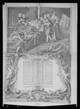 Pierre Soulier photographie Diplôme de thèse représentant la mort de saint Louis. Cuivre noir et blanc à Douai le 09/08/1738 Ile-de-France, France 1958/7/1 Ph.1958.64.2 Photo Mucem
