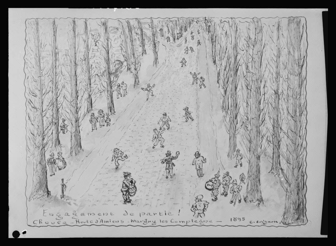 Pierre Soulier photographie Dessin représentant l'engagement à une partie de soule à Margny-lès-Compiègne en 1895. Plume aquarellée par Crignon Picardie, France 1958/8/1 Ph.1958.75.4 Photo Mucem