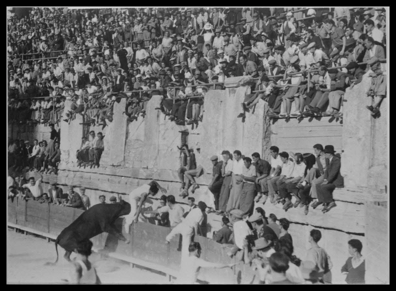 George photographie Course libre. Un coup de barrière de cosaque de la manade Jean Lafonde, de Nîmes, sur Monsieur André Doulaud Bouches-du-Rhône, France 1952/9/14 Ph.1957.47.7 Photo