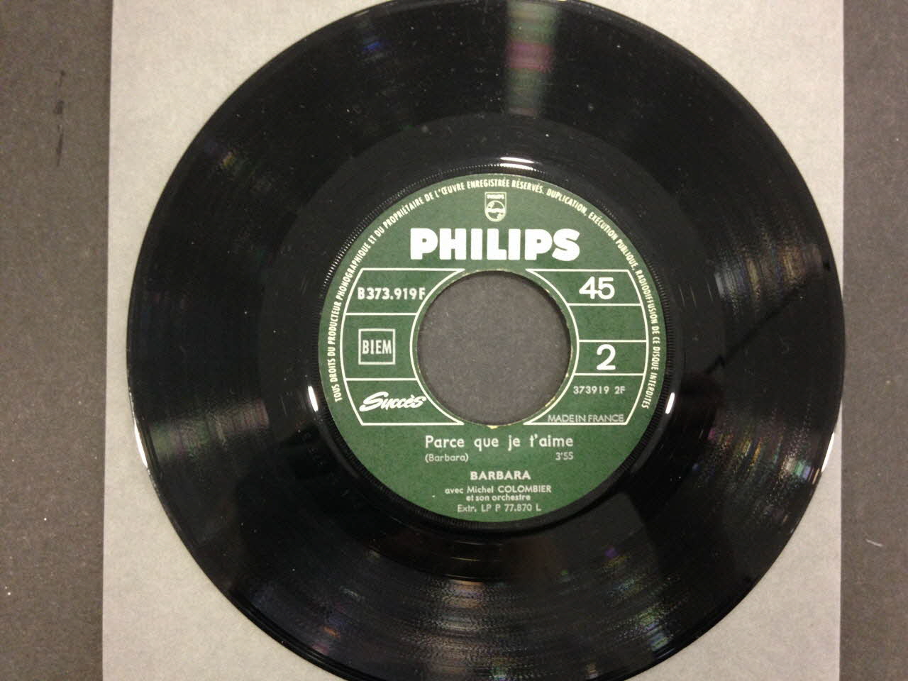 disque 45 tours Parce que je t'aime 2001.69.16.3791 Photo
